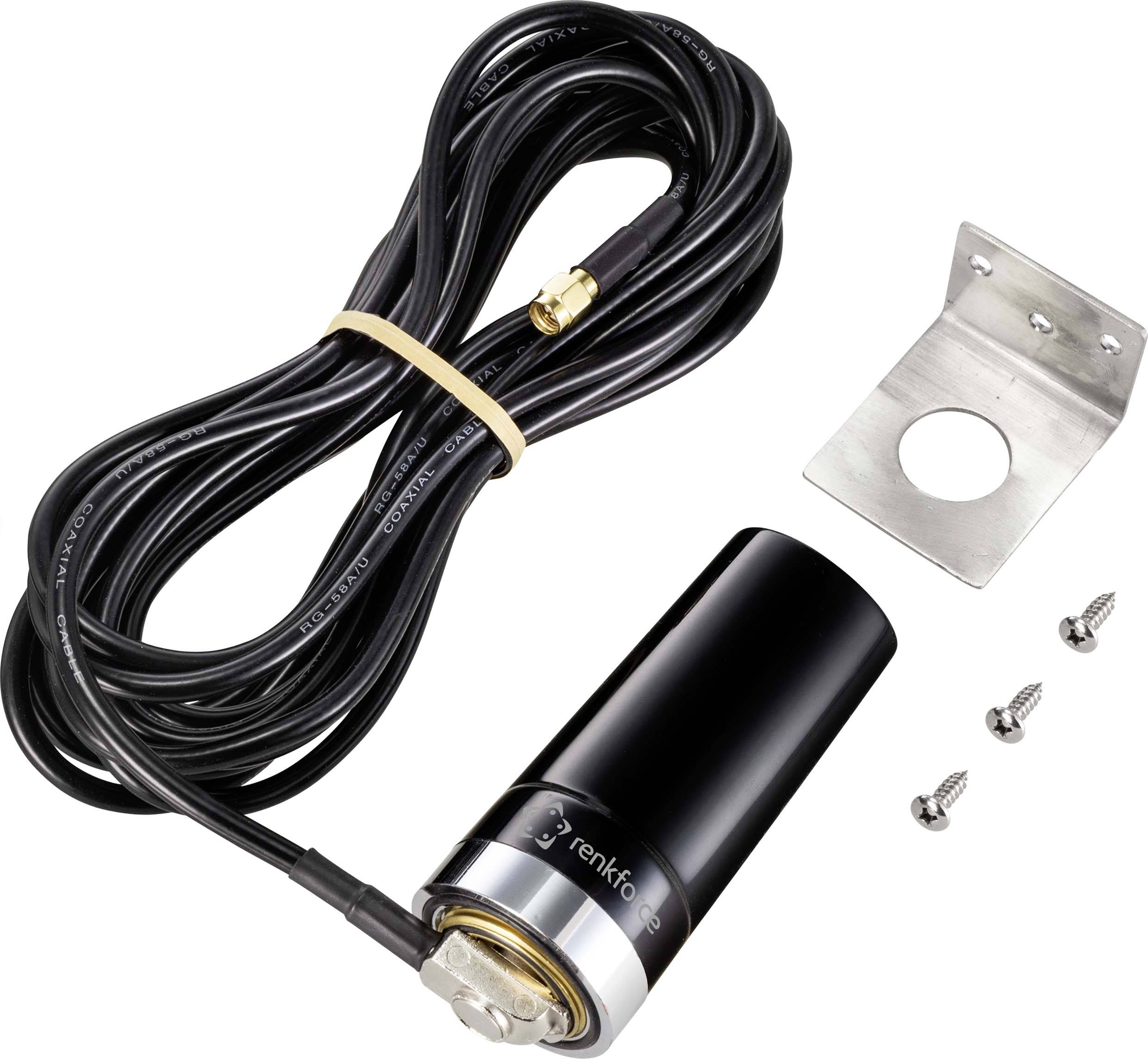 Schwarze Rückfahrkamera mit langem Kabel, Halterung und Schrauben, zur Installation an Fahrzeugen, um die Rückansicht zu überwachen.