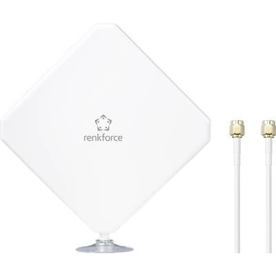 Quadratische, weiße Outdoor-Richtantenne von Renkforce mit zwei Koaxialkabeln. Geeignet für LTE/4G-Verbindungen.