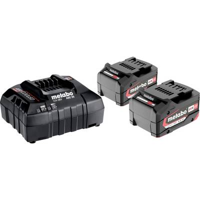 Metabo-Ladegerät ASC 55 und zwei Li-Power-Akkus 12V-18V, 4.0 Ah. Ideal zum schnellen Aufladen und als Ersatzbatterien für Werkzeuge.