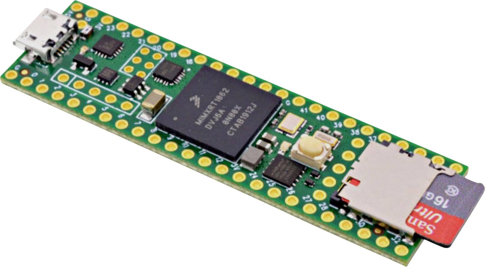 Mikrocontroller-Platine mit Speicherkarte, USB-Anschluss und mehreren kleinen schwarzen Chips auf grüner Leiterplatte.