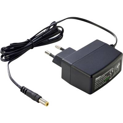 Ein schwarzes AC-Netzteil mit angeschlossenem Kabel und Stecker. Das Netzteil hat Spezifikationen und Zertifizierungssymbole auf seiner Seite gedruckt.