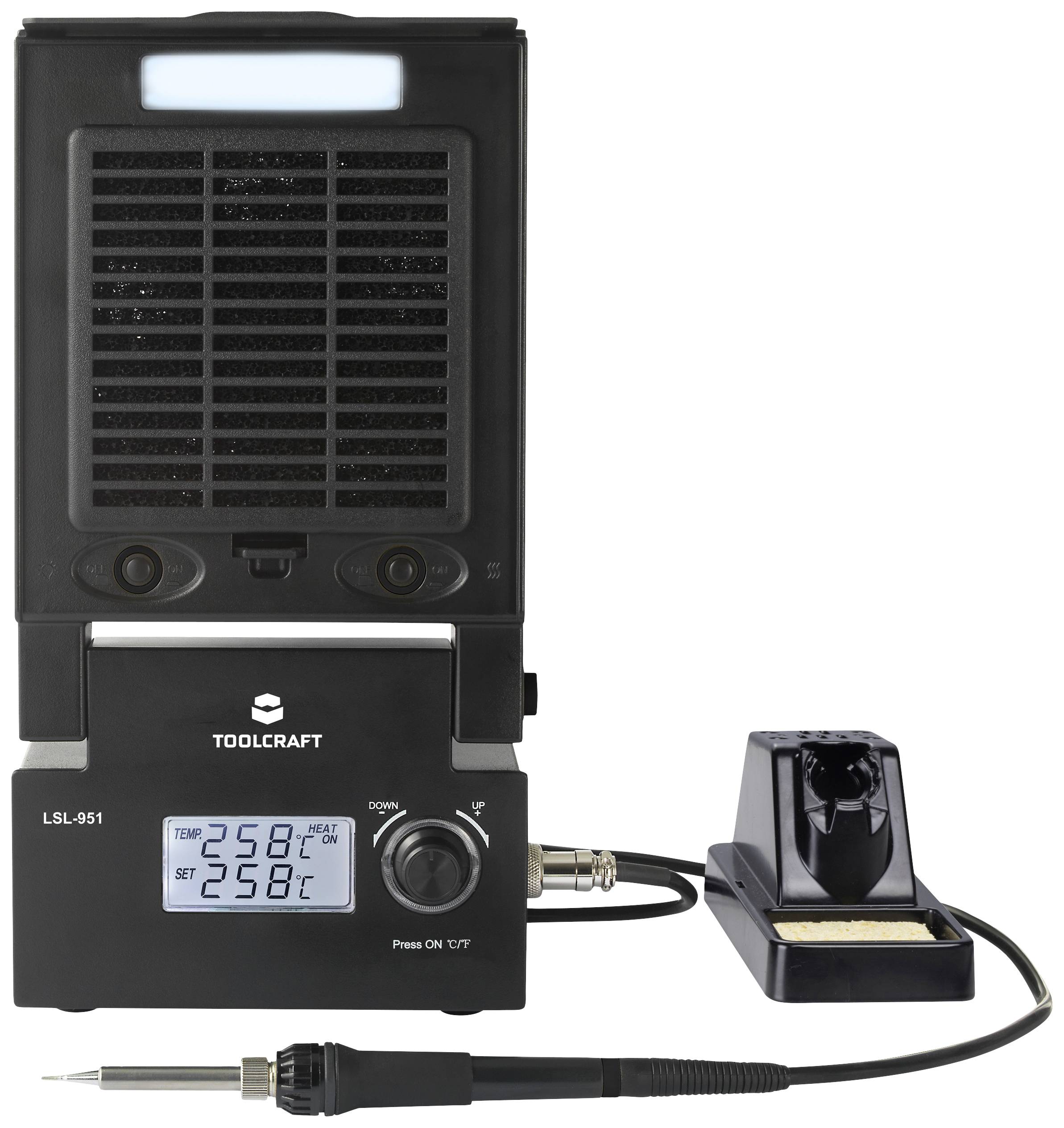 'Elektronische Lötstation mit digitaler Temperaturanzeige; zeigt aktuelle und eingestellte Temperaturen an, mit Lötkolben und Halterung.'