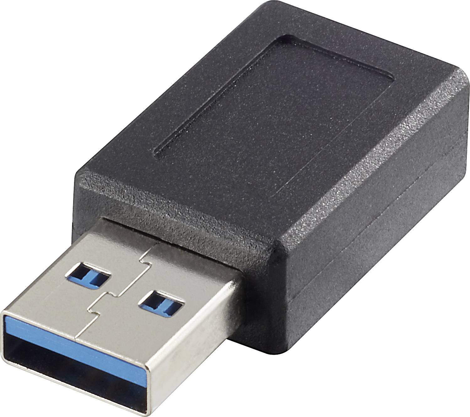 Schwarzer USB-Adapter mit USB-A-Stecker und schwarzem Gehäuse, flach auf weißem Hintergrund liegend.
