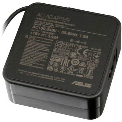 Schwarzes Netzteil mit Aufschrift 'AC Adapter', Eingangs- und Ausgangsspannungsinformationen, Sicherheits- und Zertifizierungssymbole.