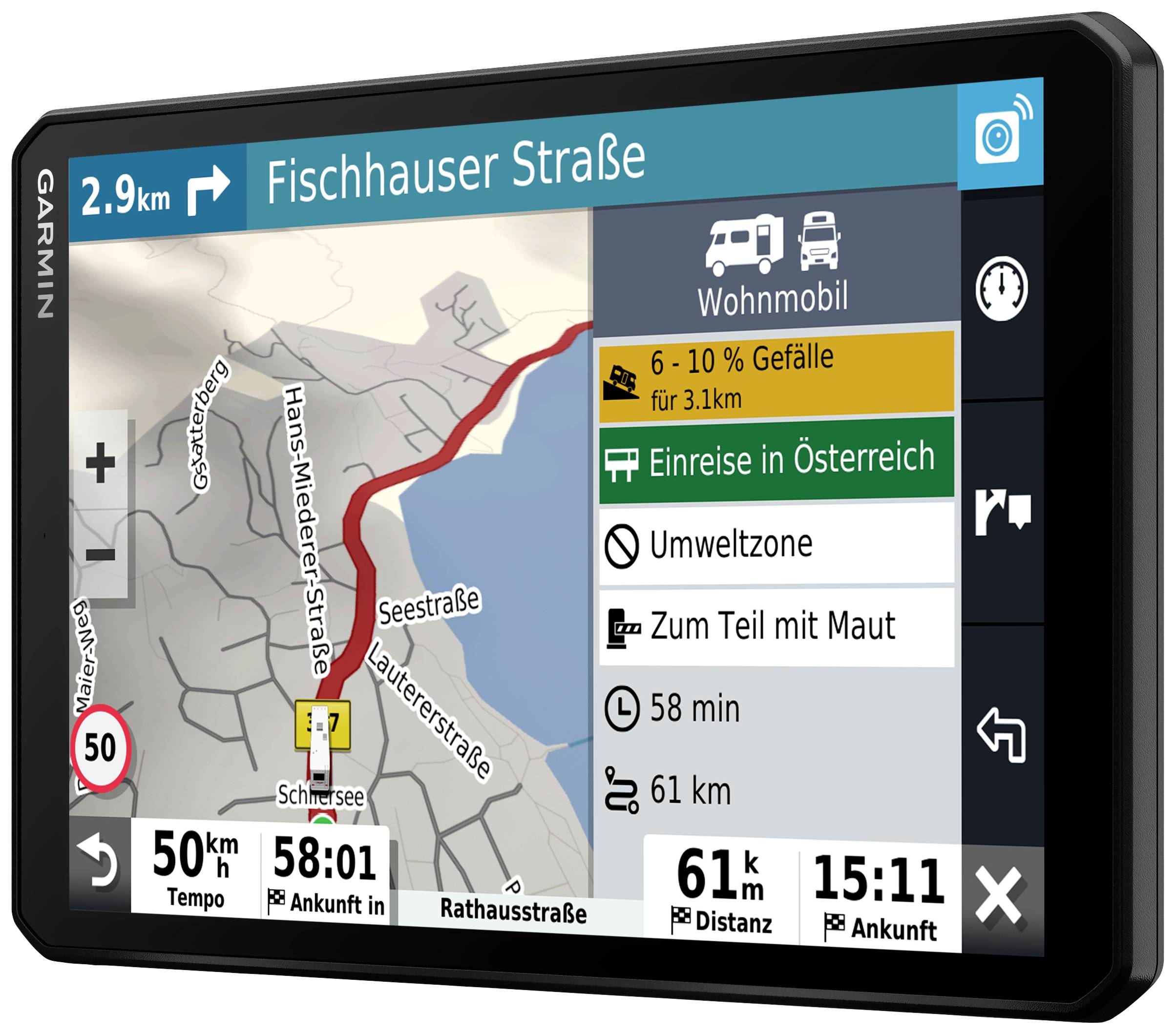 GPS-Navigationsgerät mit Karte, Route zur 'Fischhauser Straße', Ankunft in 58 Minuten, 61 km, Umweltzone, teilweise Maut, Geschwindigkeitsbegrenzung 50 km/h.