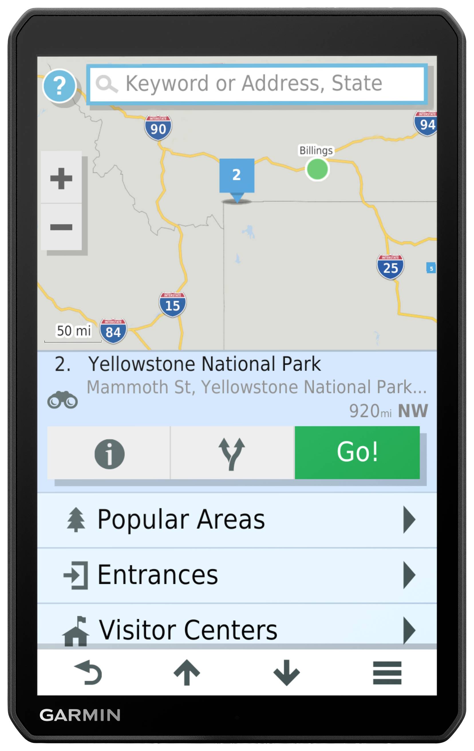 Navigationsgerät zeigt Route zum Yellowstone-Nationalpark an, mit Optionen für beliebte Bereiche, Eingänge und Besucherzentren.