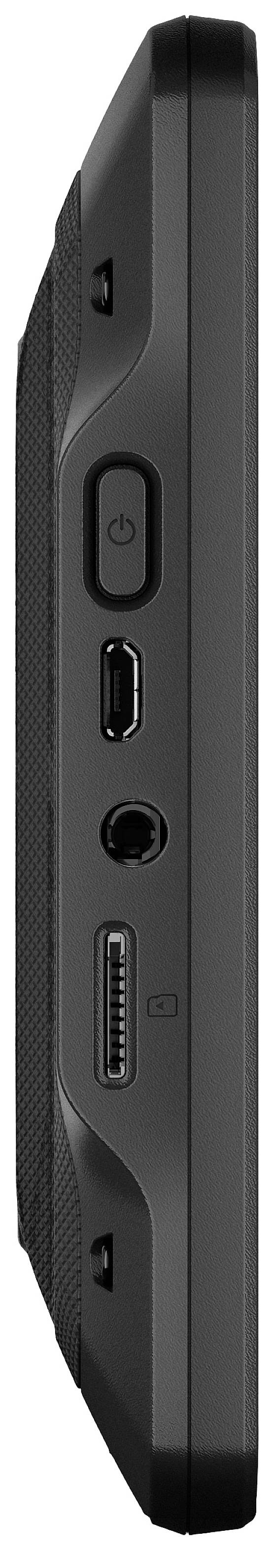 Seitenansicht eines schwarzen tragbaren Geräts mit Power-Taste, Mini-USB-Anschluss, Kopfhörerbuchse und einem weiteren Anschluss.