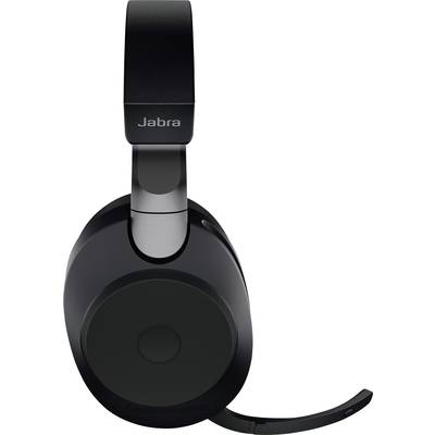 Schwarze Jabra-Kopfhörer mit breitem gepolstertem Bügel und integriertem Mikrofonarm, für klaren Klang bei Telefonaten und Musik.