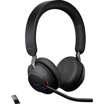 Kabelloses schwarzes Headset mit Mikrofonarm und USB-Empfänger, geeignet für Anrufe und Musik.