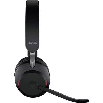 Schwarzes Jabra-Headset mit Mikrofonarm. Geeignet für Telefonkonferenzen und Musik. Elegantes Design mit weichen Ohrpolstern.