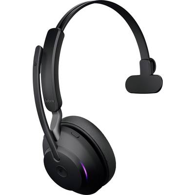 Ein kabelloses, einseitiges Headset in Schwarz mit Mikrofonarm. Es hat ein weiches Ohrpolster und ein flexibles Kopfband.