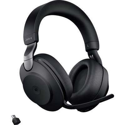Kabelloses schwarzes Over-Ear-Headset mit Mikrofon, geeignet für Telefon- und Videokonferenzen. Achteckiger USB-Dongle daneben.
