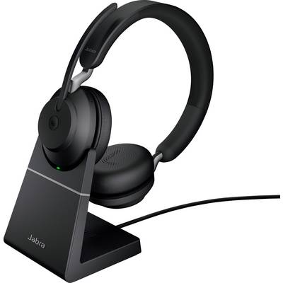 Schwarzes Jabra-Headset auf einem Ständer, verbunden mit einem Kabel. Das Headset hat gepolsterte Ohrmuscheln und ein verstellbares Kopfband.