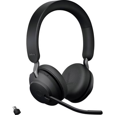 Schwarzes Over-Ear-Headset mit Mikrofonarm und USB-Adapter, Modell 'Jabra'. Ideal für Anrufe und Musik.
