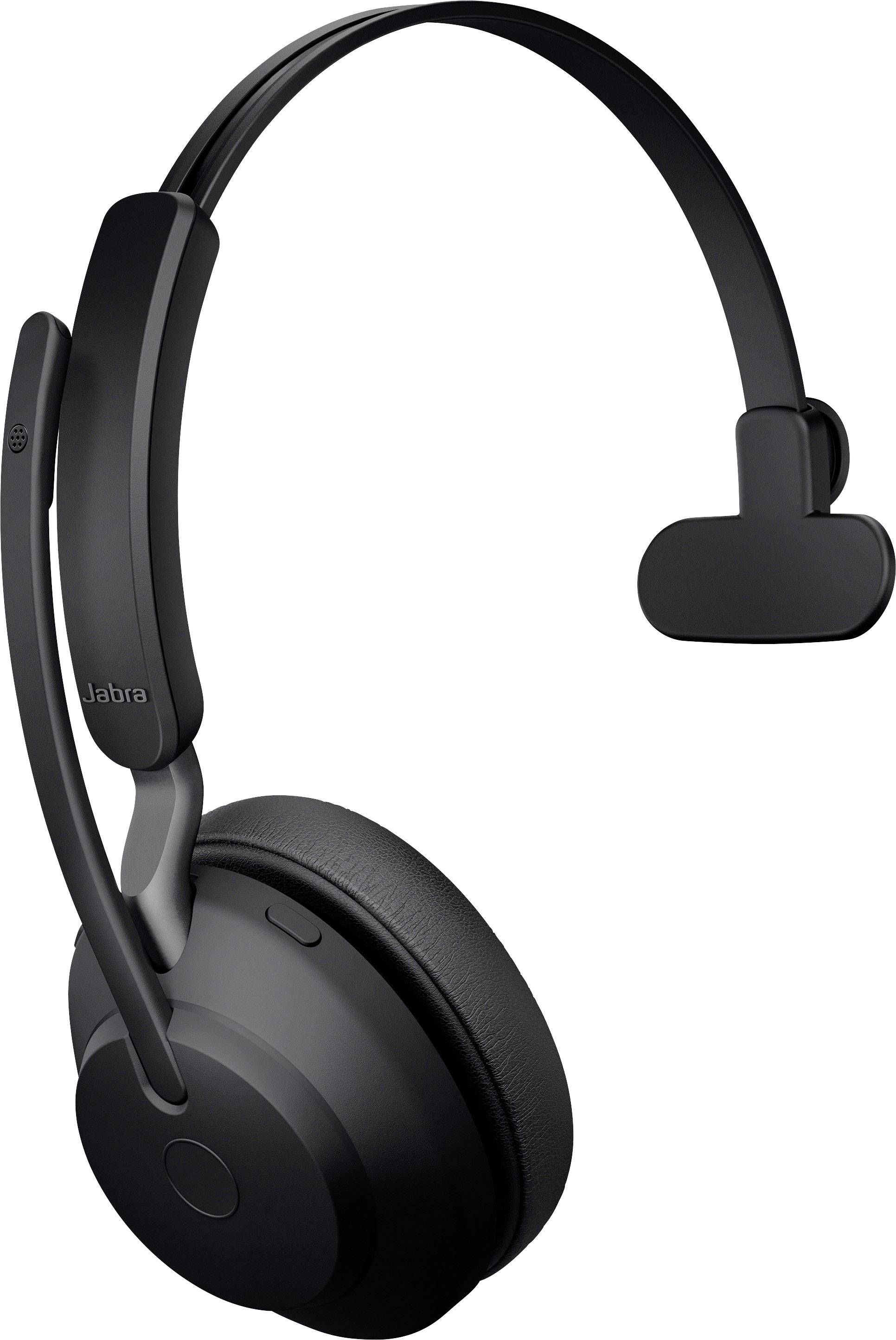 Kabelloses schwarzes Headset mit Mikrofonarm und gepolstertem Ohrmuschel, geeignet für Telefonkonferenzen oder Musik.