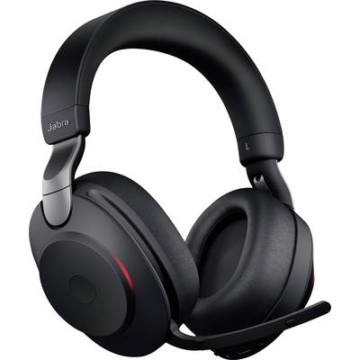 Schwarze Over-Ear-Kopfhörer mit integriertem Mikrofon und sichtbarem roten Akzentlicht, geeignet für Telefonkonferenzen.