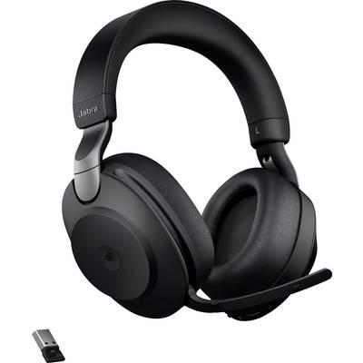 Kabelloses, schwarzes Over-Ear-Headset mit Mikrofonarm, beigelegt ist ein kleiner USB-Dongle. Ideal für Telefonate und Musik.