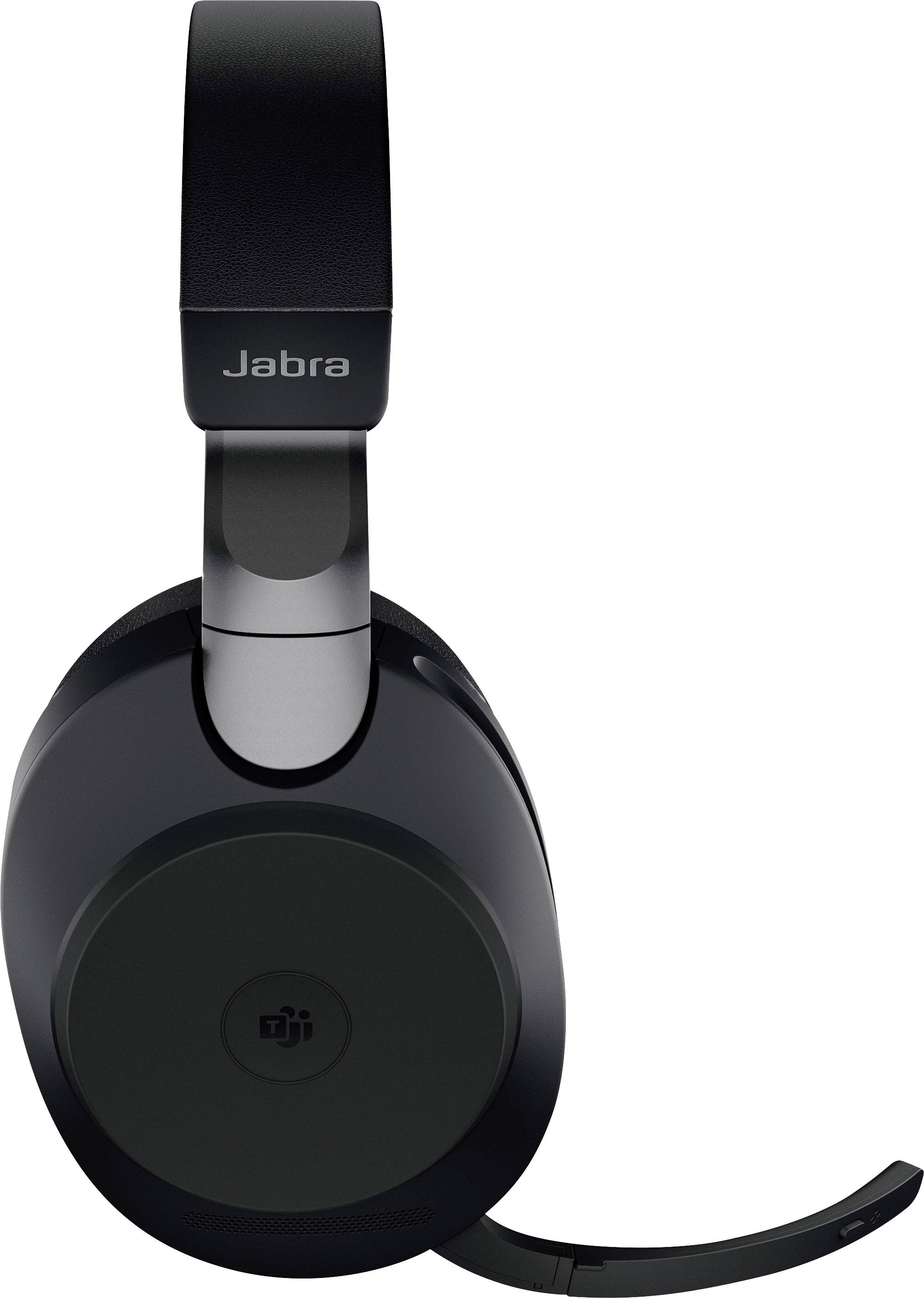 Schwarze Over-Ear-Kopfhörer mit Jabra-Logo, Mikrofonbügel abgesenkt, für Microsoft Teams optimiert.