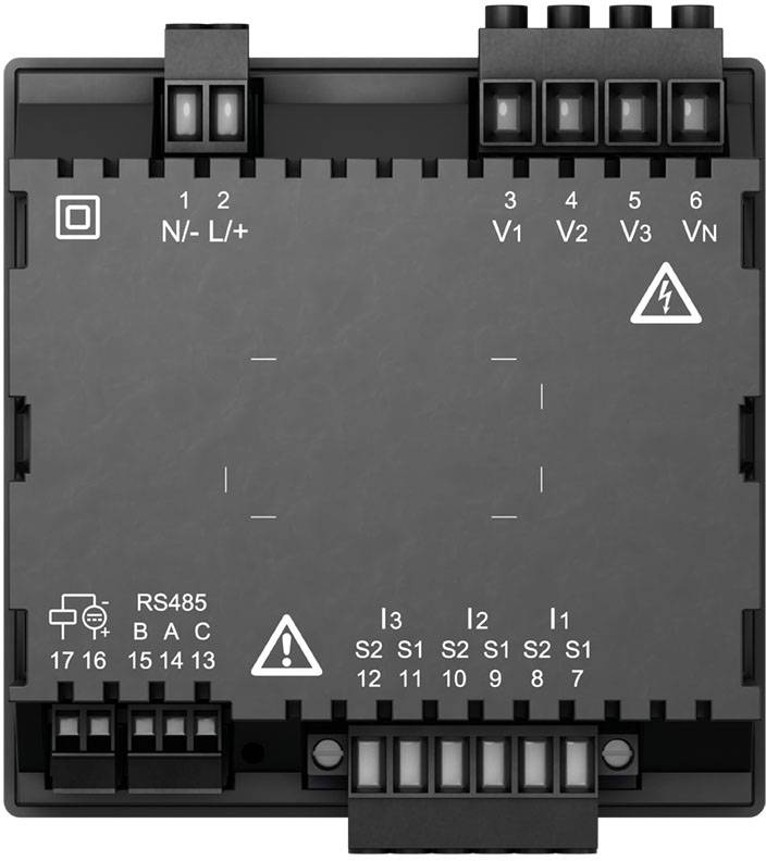 Elektrisches Steuergerät mit Anschlüssen und Symbolen zur Spannungseingabe und Verbindung, beschriftet mit 'RS485' und Warnhinweisen.