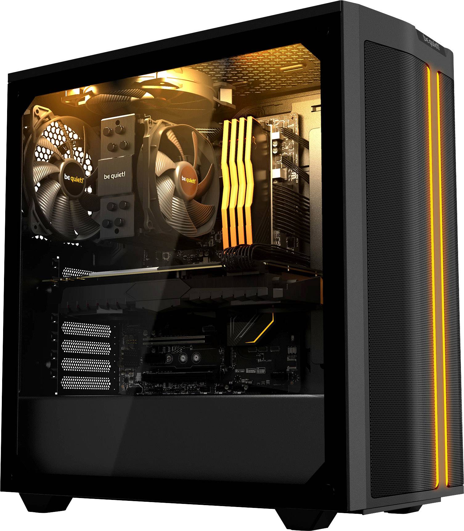 Schwarzes PC-Gehäuse mit einem transparenten Seitenfenster, das orangebeleuchtete Komponenten und Lüfter im Inneren zeigt.