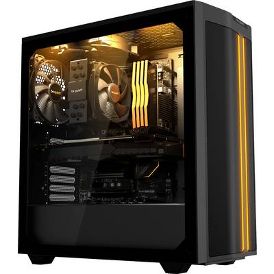 Schwarzes PC-Gehäuse mit einem transparenten Seitenfenster, das orangebeleuchtete Komponenten und Lüfter im Inneren zeigt.