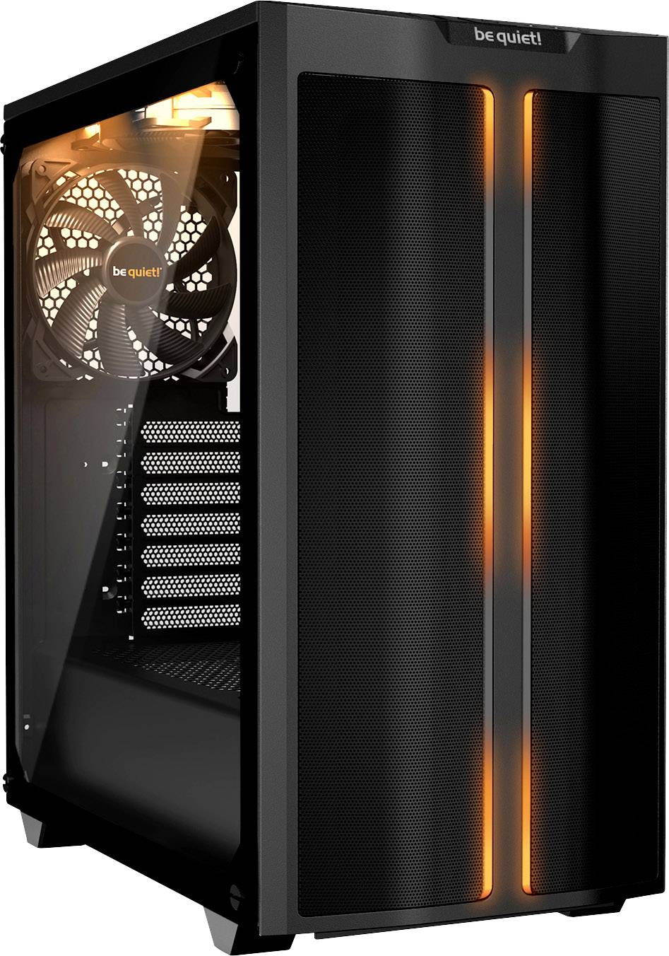 Schwarzes PC-Gehäuse mit orangefarbenen LED-Streifen und einem Lüfter an der Rückseite, Seitenfenster aus Glas, Marke 'be quiet!'.