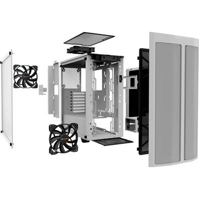 Explodierte Ansicht eines Computergehäuses mit abnehmbaren Seitenteilen, Lüftern und Frontblende. Zeigt Modularität und Aufbau.