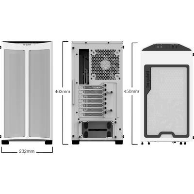 Computergehäuse in drei Ansichten: Vorderseite, Rückseite und Seitenansicht. Abmessungen sind 232mm Breite, 450mm Höhe, 463mm Tiefe.