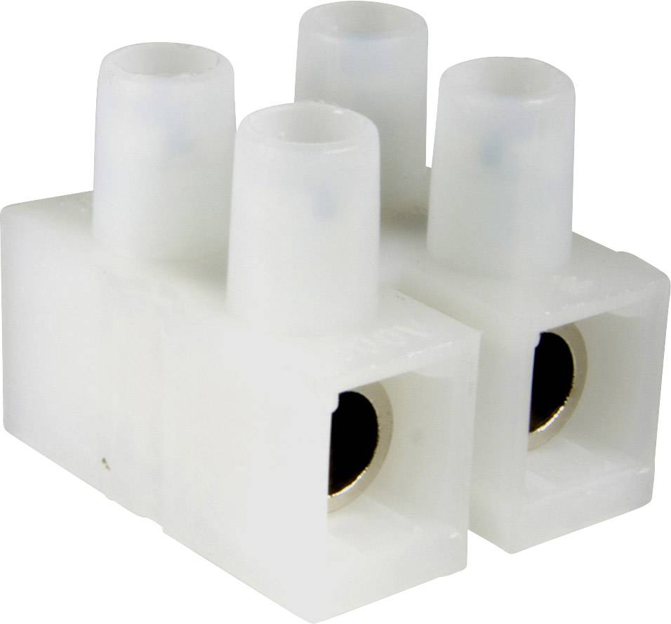 Zweipoliger weißer Schraubklemmenblock für elektrische Verbindungen, aus Kunststoff mit Metallkontakten.