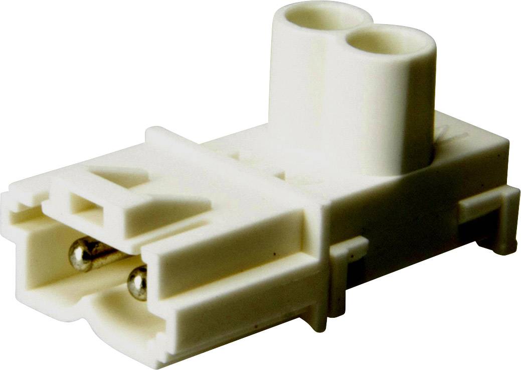 Weißer Kunststoffstecker mit zwei Kontakten und Doppellochdesign, geeignet für elektrische Verbindungen.
