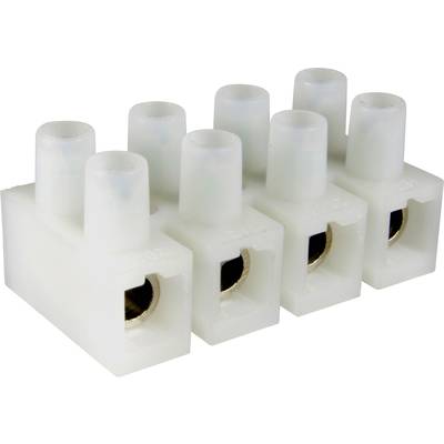 Ein weißer Lüsterklemmenblock mit vier steckbaren Klemmen für elektrische Verbindungen, jedes mit einem Metallanschluss innen.