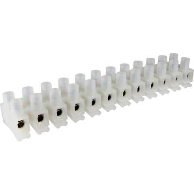 Reihe von weißen Lüsterklemmen, die zur Verbindung und Isolation von elektrischen Leitungen verwendet werden.