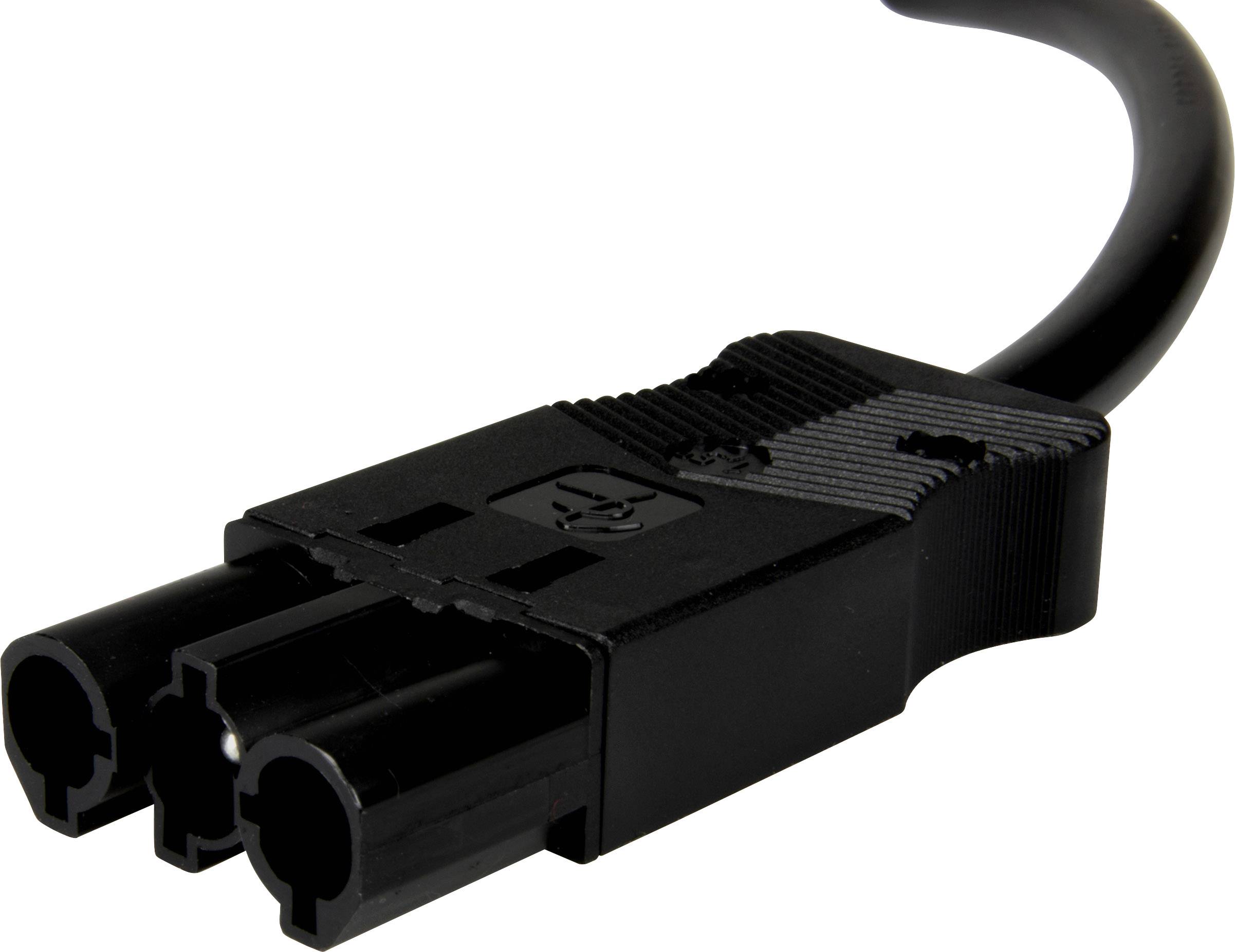 Ein schwarzer Kaltgerätestecker, typischerweise verwendet für die Stromversorgung von Geräten wie Computern und Monitoren.