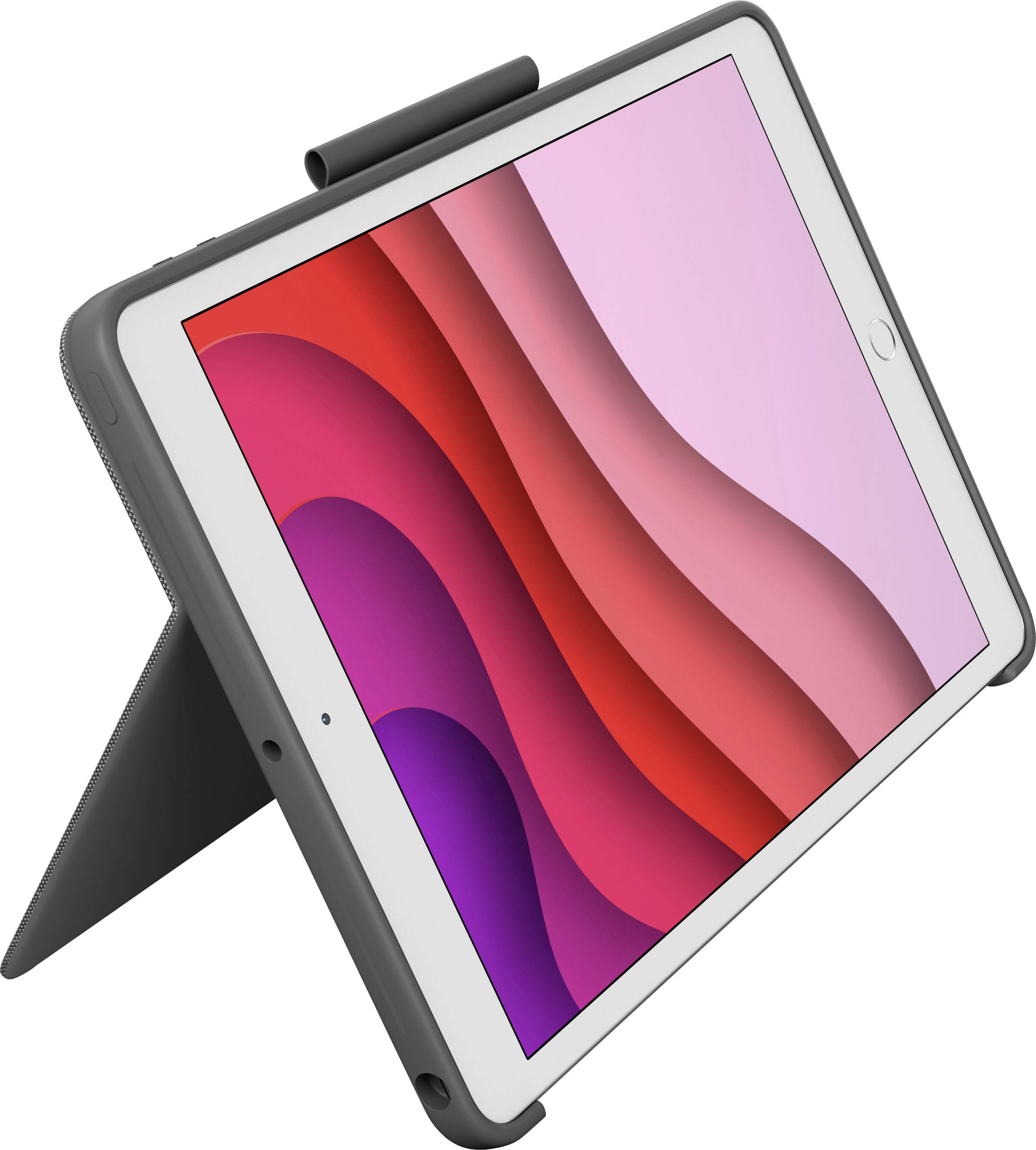 Ein Tablet in einer Schutzhülle steht auf einem integrierten Ständer. Der Bildschirm zeigt ein abstraktes, wellenförmiges, rosa-rotes Muster.