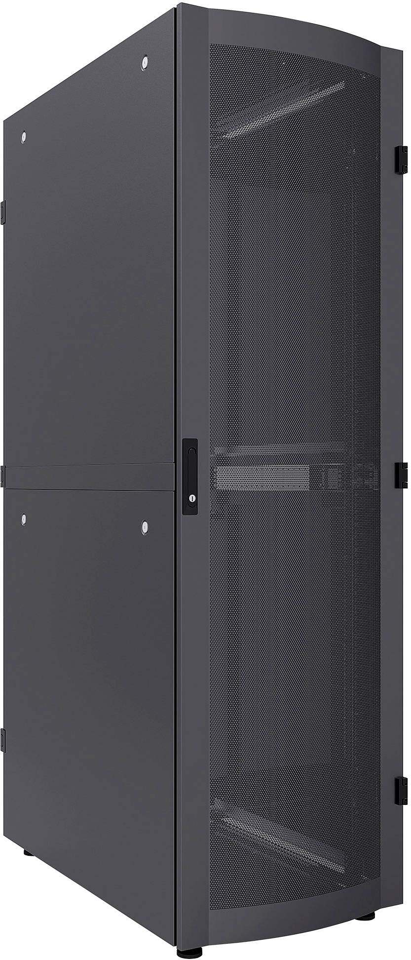 Ein schwarzer Server-Rack-Schrank mit Glastür, geeignet für die Installation von Computerhardware und Netzwerkausrüstung.