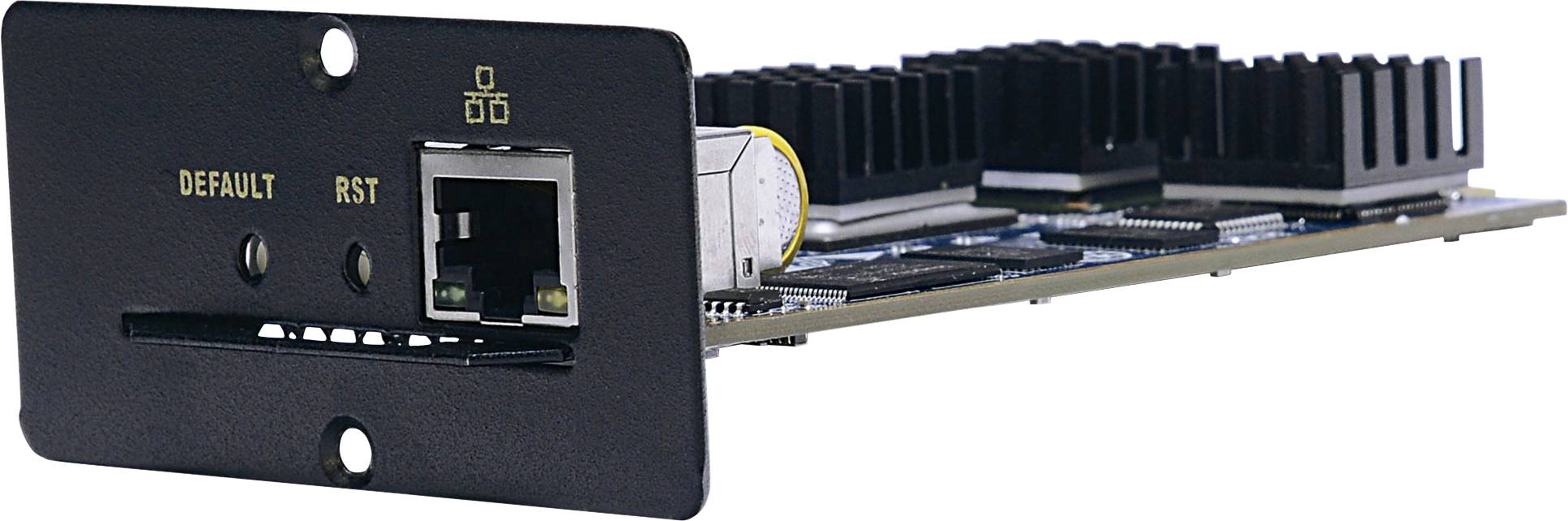Eine elektronische Leiterplatte mit LAN-Anschluss und Kühlkörpern, beschriftet mit 'DEFAULT' und 'RST', vermutlich für Netzwerktechnik.