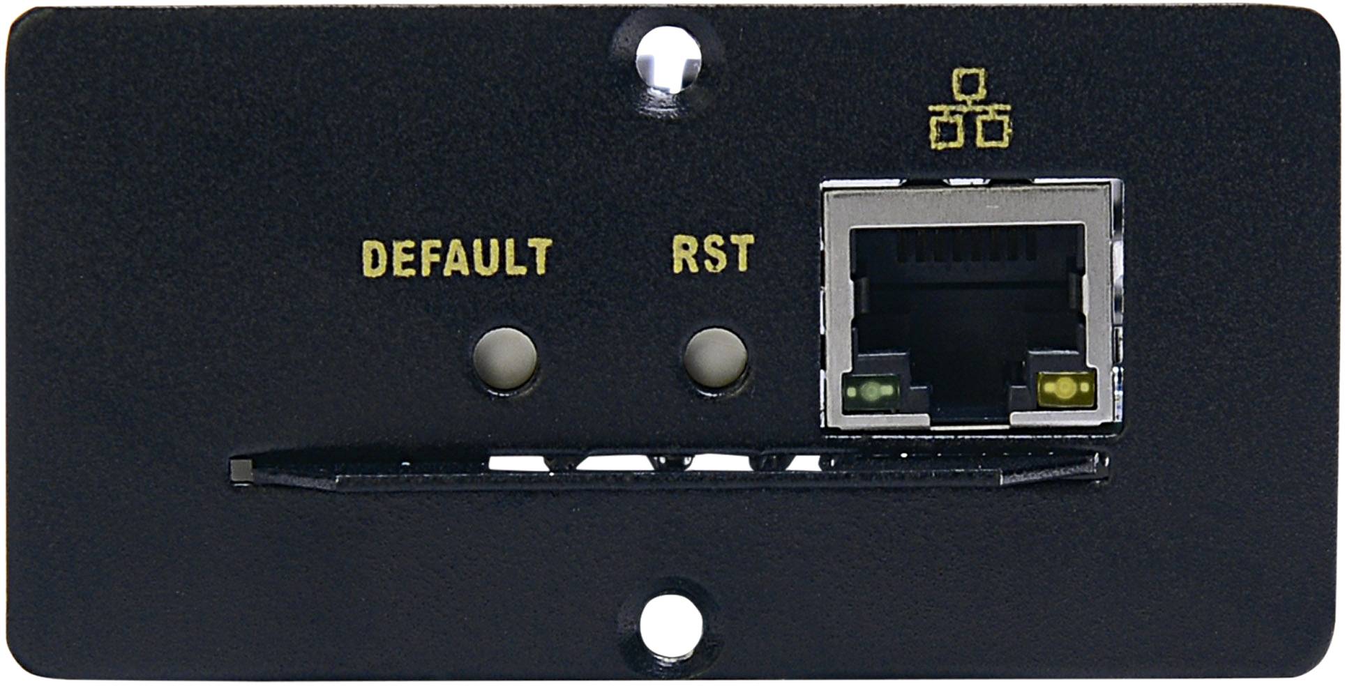 Schwarze Netzwerkanschlussplatte mit RJ45-Ethernet-Port, 'Default' und 'RST' Knöpfe zur Steuerung, daneben ein Symbol für Netzwerk.