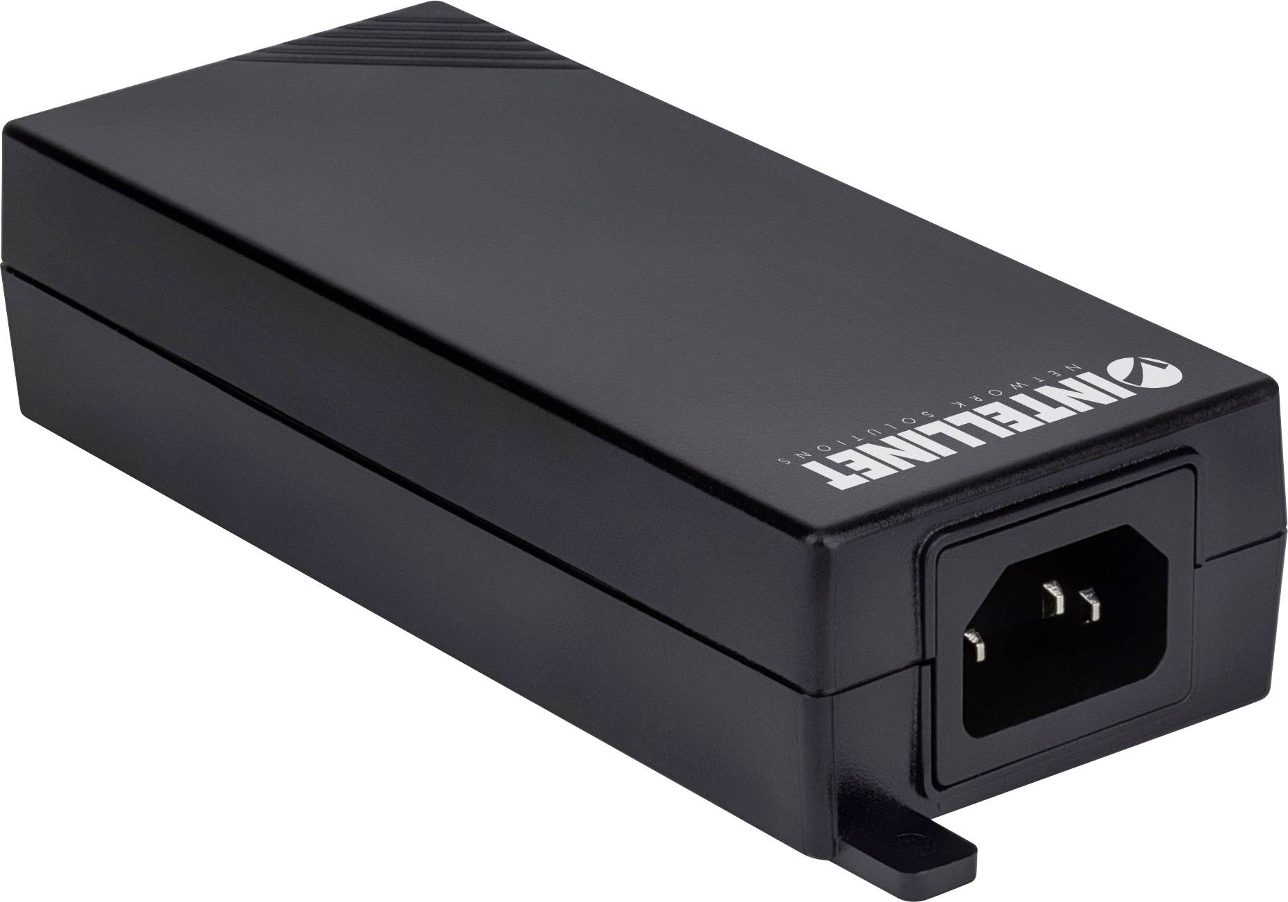 Ein schwarzes, rechteckiges Netzteil von INTELLINET mit einem Stromanschluss und einem schmalen hervorstehenden Befestigungsteil.