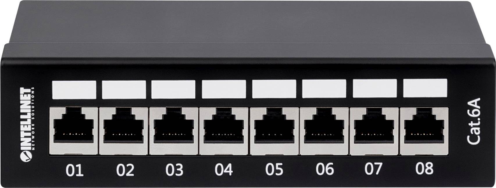 'CAT6A Patchpanel mit 8 RJ45-Ports, nummeriert von 01 bis 08, für Netzwerkverkabelung in Serverräumen oder technischen Installationen.'