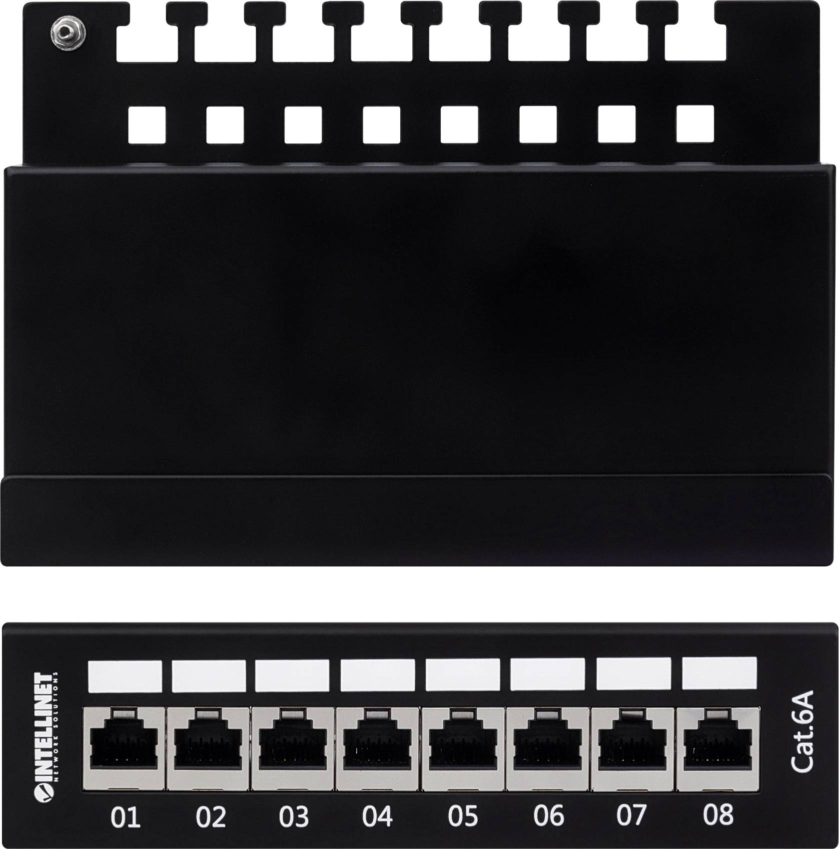 'Patchpanel für Ethernet-Verbindungen mit 8 RJ45-Ports, nummeriert von 01 bis 08. Geeignet für Cat 6A Kabel.'