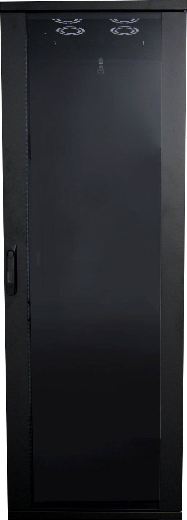 Ein schwarzer, moderner, schmaler Schrank mit Glastüren. Oben befinden sich zwei Lüfter, die Teile der Schrankbelüftung sind.