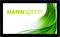 Ein Bildschirm zeigt das grüne Logo von HANNspree auf weißem Hintergrund mit grünen, geschwungenen Linien rechts.