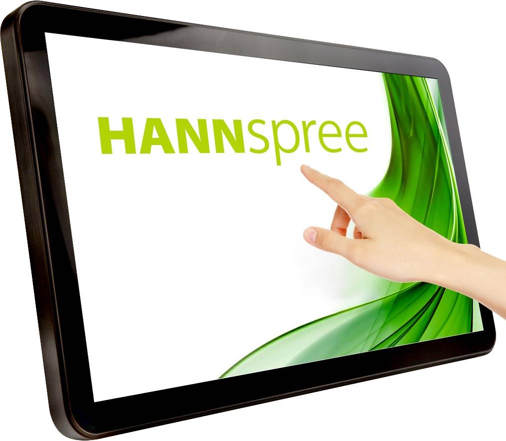 Ein Tablet-Bildschirm mit der Aufschrift 'HANNspree', berührt von einer Hand. Im Hintergrund sind grüne Grafikelemente sichtbar.