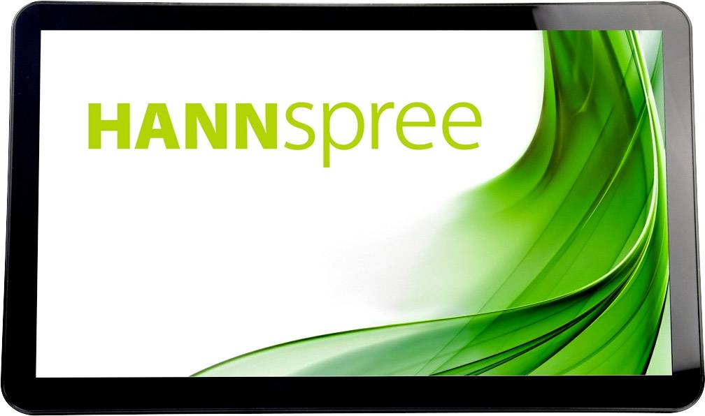 Tablet mit dem Schriftzug 'HANNspree' in grünem Design auf weißem Hintergrund.