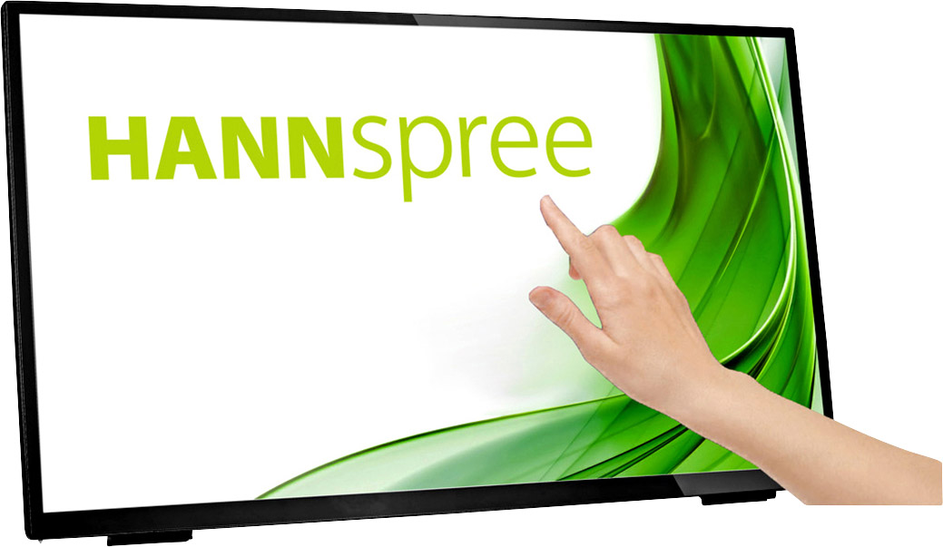 Interaktiver Touchscreen-Monitor mit grüner Grafik und dem Text 'HANNspree', Finger zeigt auf den Bildschirm. Ideal für Präsentationen.