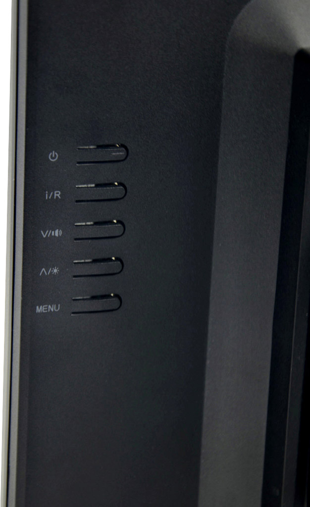 Eine Reihe von fünf nebeneinander angeordneten Tasten an der Seite eines Monitors, gekennzeichnet mit 'Power', 'I/R', 'V/+', 'A/-' und 'Menu'.