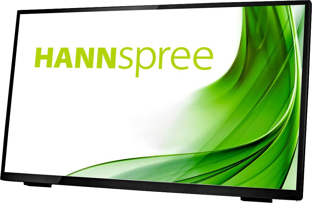 HANNspree Monitor mit schwarzem Rahmen und grünem Logo auf weißem Hintergrund. Hauptmerkmal: schlankes Design.
