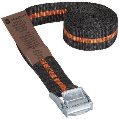 Schwarzer Zurrgurt mit orangefarbenem Streifen und Metallschnalle von TOOLCRAFT, geeignet für sicheres Festzurren von Gegenständen.