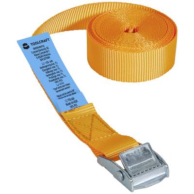 Ein orangefarbener Spanngurt mit Etikett und Metallschnalle, geeignet für Sicherungslasten. Das blaue Etikett zeigt Sicherheitsinformationen.