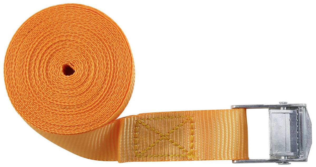 Ein orangefarbenes Spanngurtband mit Metallschnalle, aufgerollt und ausgerollt.